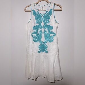 Boho White Dress Turquoise Embroidery 100% Linen Dress size 4 Beach Vacation